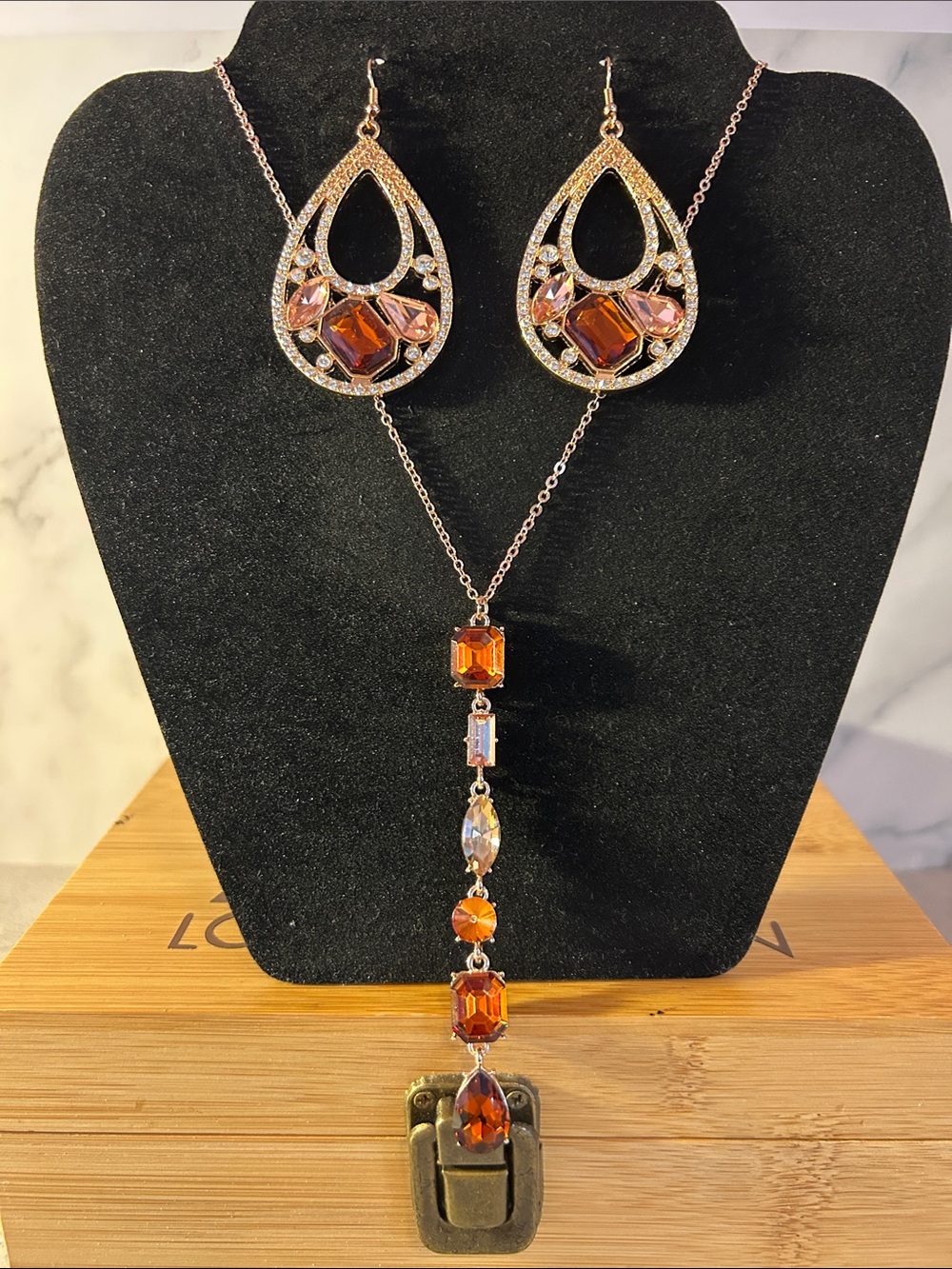 Paparazzi Rose Gold Necklace and Earring Set with Amber and Light Pink Stones